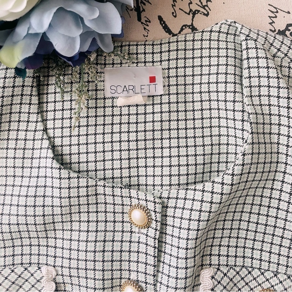 Vintage Plaid Flap Pocket Check Mint & Black Crop Overcoat with Pearl Buttons - Picture 7 of 9